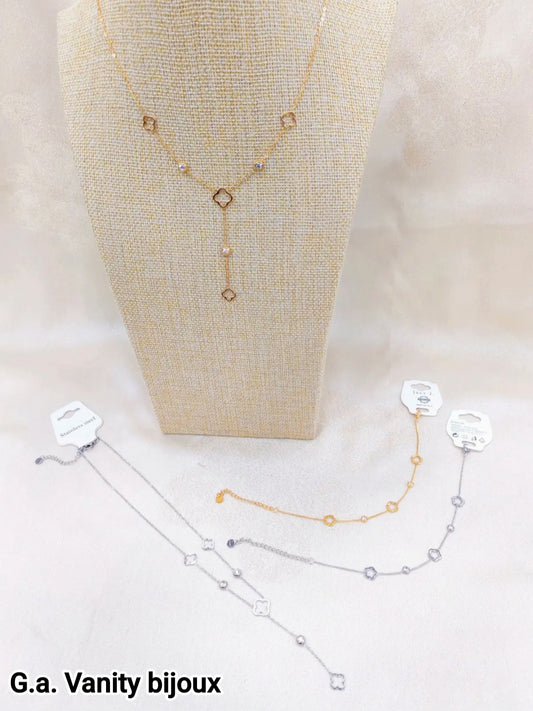 Set 2 pezzi collana e bracciale oro quadrifoglio