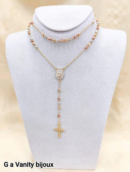 Collana Rosario MILLE LUCI in Oro e Argento con Perline Colorate e Medaglia di Madonna